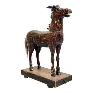 Antique European Hand Carved Wooden Horse Folk Art Sculpture on Wheeled Base For Sale