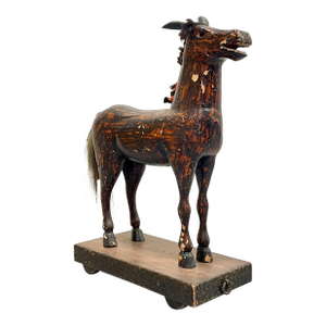 Antique European Hand Carved Wooden Horse Folk Art Sculpture on Wheeled Base