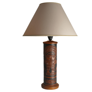 Mid-Century Modern Aztec Motif Hand Tooled Leather Table Lamp