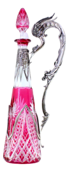 Wine Bottle in Red Cut Glass with Silver Structure and Handle