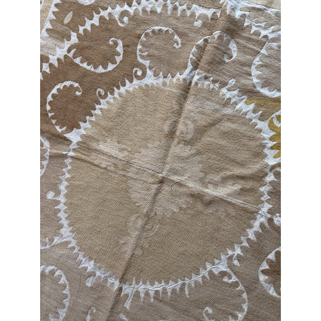Tan Bohemian Neutral Tan Suzani From Tashkent 4'6'' X 4'10'' For Sale - Image 8 of 11