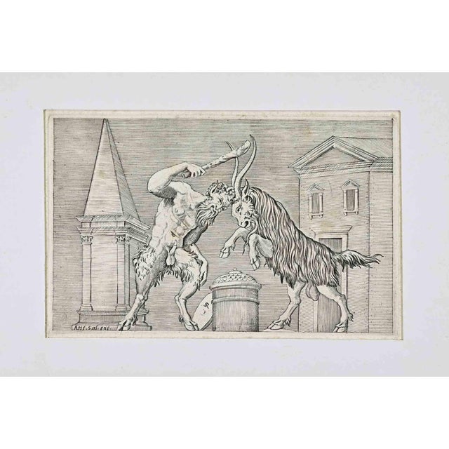 Marco Gatti, A Satyr and a Ram Clashing, Etching, 16th Century For Sale