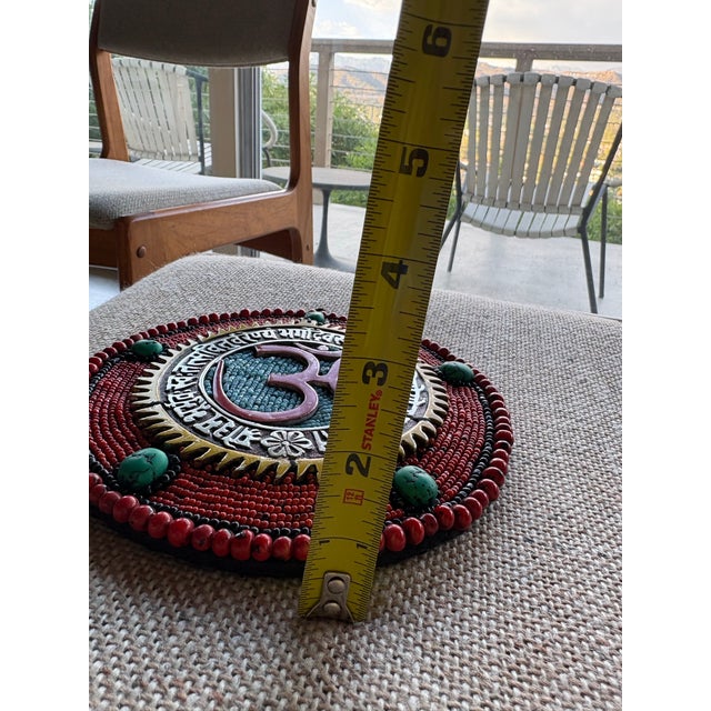 Brick Red Handcrafted Beaded Om Wall Hanging Plaque. Metal & Turquoise, Jasper. India For Sale - Image 8 of 12