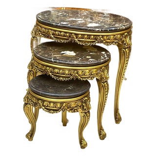 French Style Nesting Tables – Set of 3 Marble With Gold Leaf Details For Sale