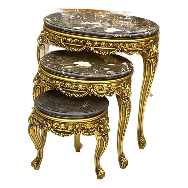French Style Nesting Tables – Set of 3 Marble With Gold Leaf Details For Sale