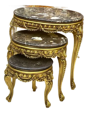 French Style Nesting Tables – Set of 3 Marble With Gold Leaf Details