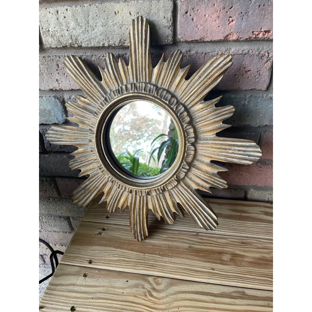 Vintage 16.5" Mid Century Creamy Giltwood Sunburst Wall Mirror For Sale - Image 12 of 16