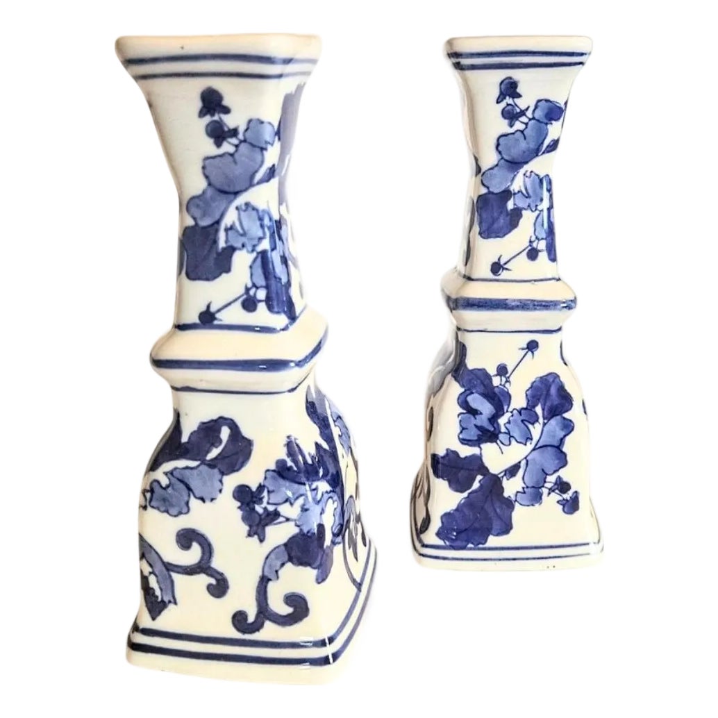 Blue Delft Candlesticks- A Pair | Chairish