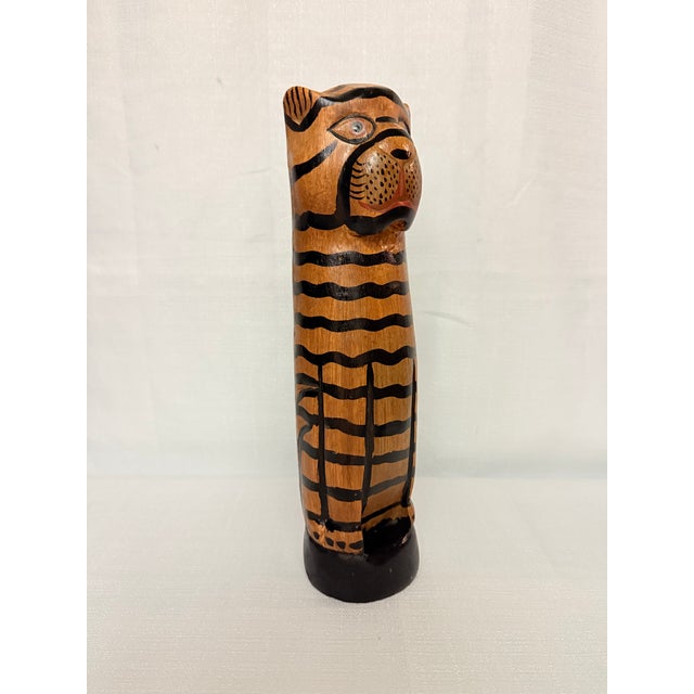 Late 20th Century 1960s Hand-Carved Folk Art Wooden Tiger Cat by Turtle and Crane - Mid-Century Primitive Whimsy For Sale - Image 5 of 11