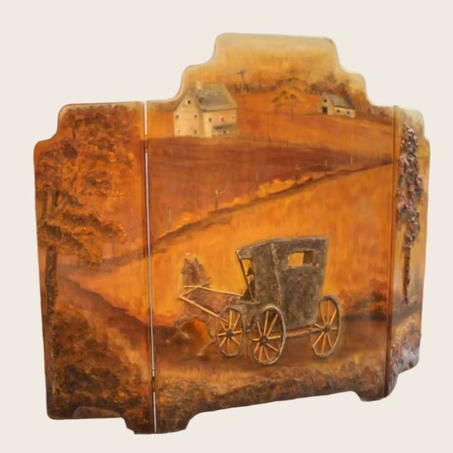 American Antique 3 Panel Fireplace Screen | 19th Century Country Scene For Sale - Image 3 of 8