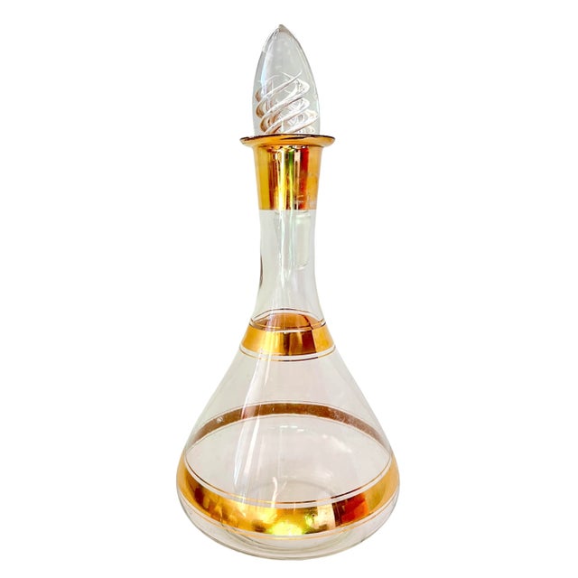 Mid Century Modern Gold Band Liquor Wine Cordials & Decanter Set- 3 Pieces For Sale - Image 4 of 13