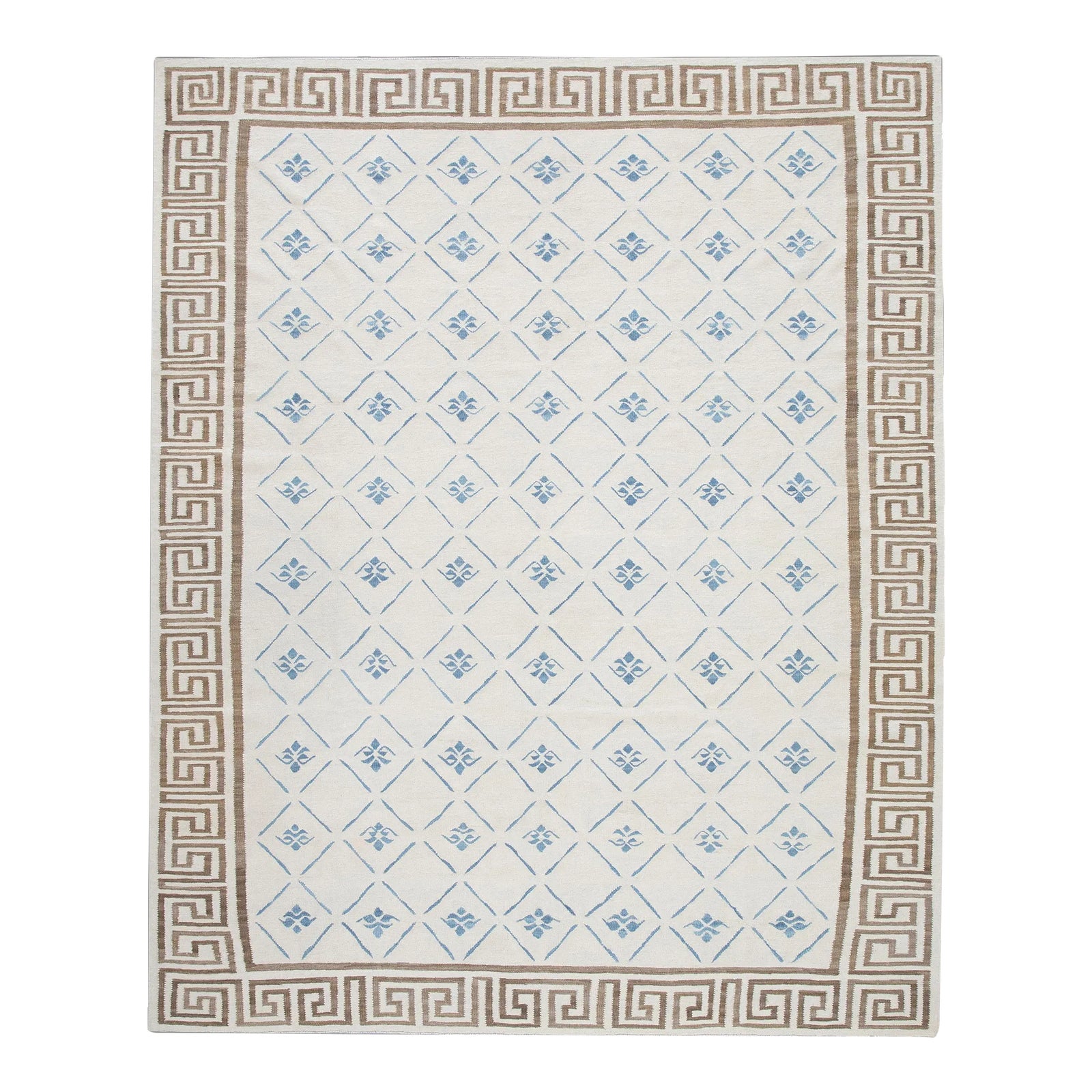 Blue & Brown Greek Key Design Handmade Modern Kilim Rug 5' X 7' | Chairish