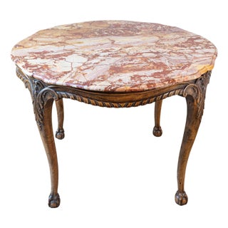 French 19th Century Carved Walnut Center Table with Original Variegated Marble For Sale