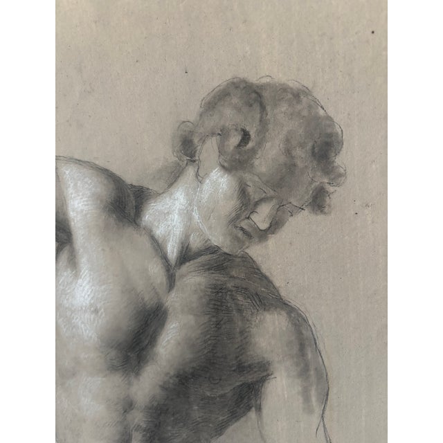 Academic Male Figure Study Drawing, Florentine School pencil, charcoal, white chalk. A strong male figure drawing on...