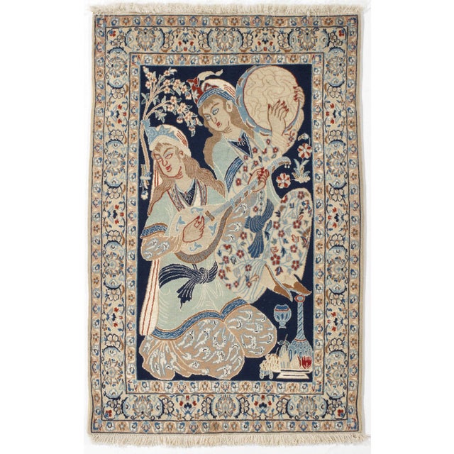 Vintage Hand-knotted Persian Nain rug from central Iran, known for its fine weave and detailed figural designs. Depicts...