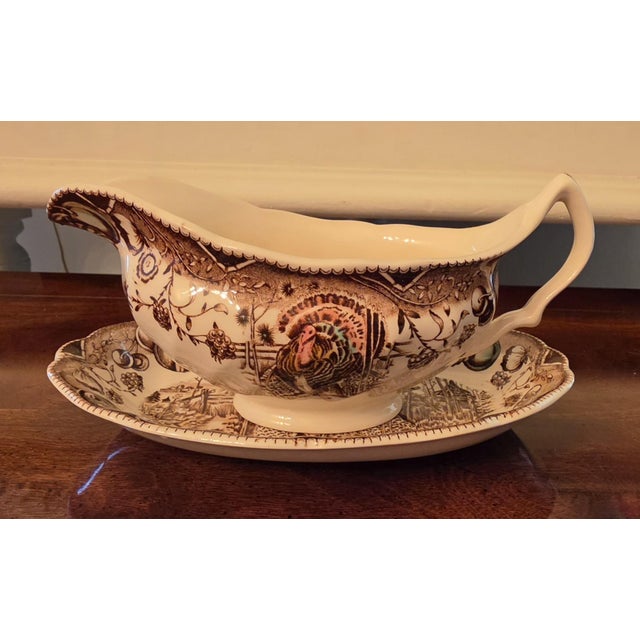 Vintage Johnson Brothers "His Majesty" Gravy Boat and Relish Underplate. Featuring a traditional holiday pattern of a...