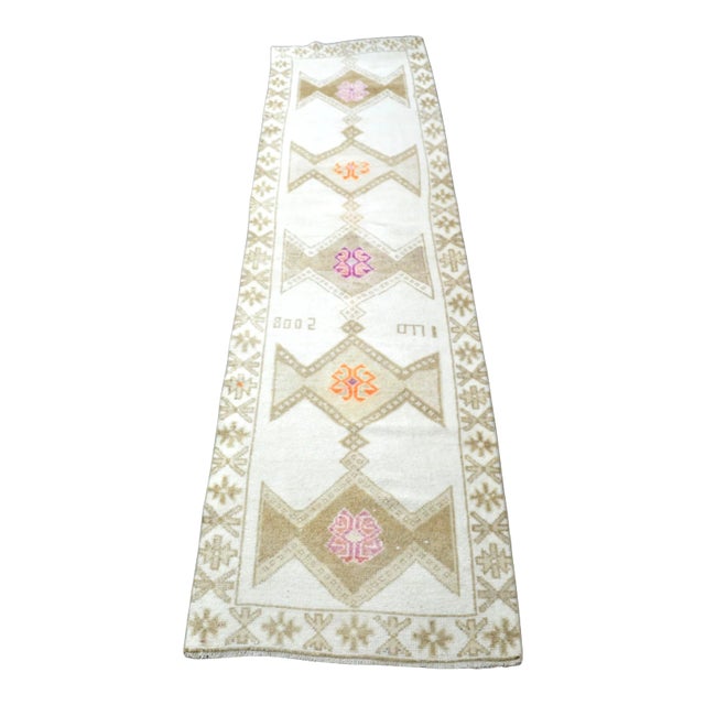 Vintage Turkish Traditional White Runner Rug 12 Ft For Sale