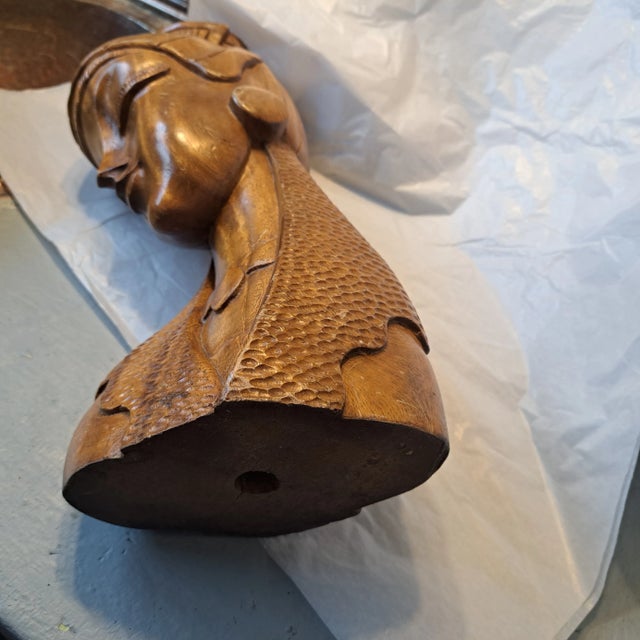 Mid-Century Wood Statue of a Lady Asian Wood Carved Headpiece Statue For Sale - Image 6 of 11