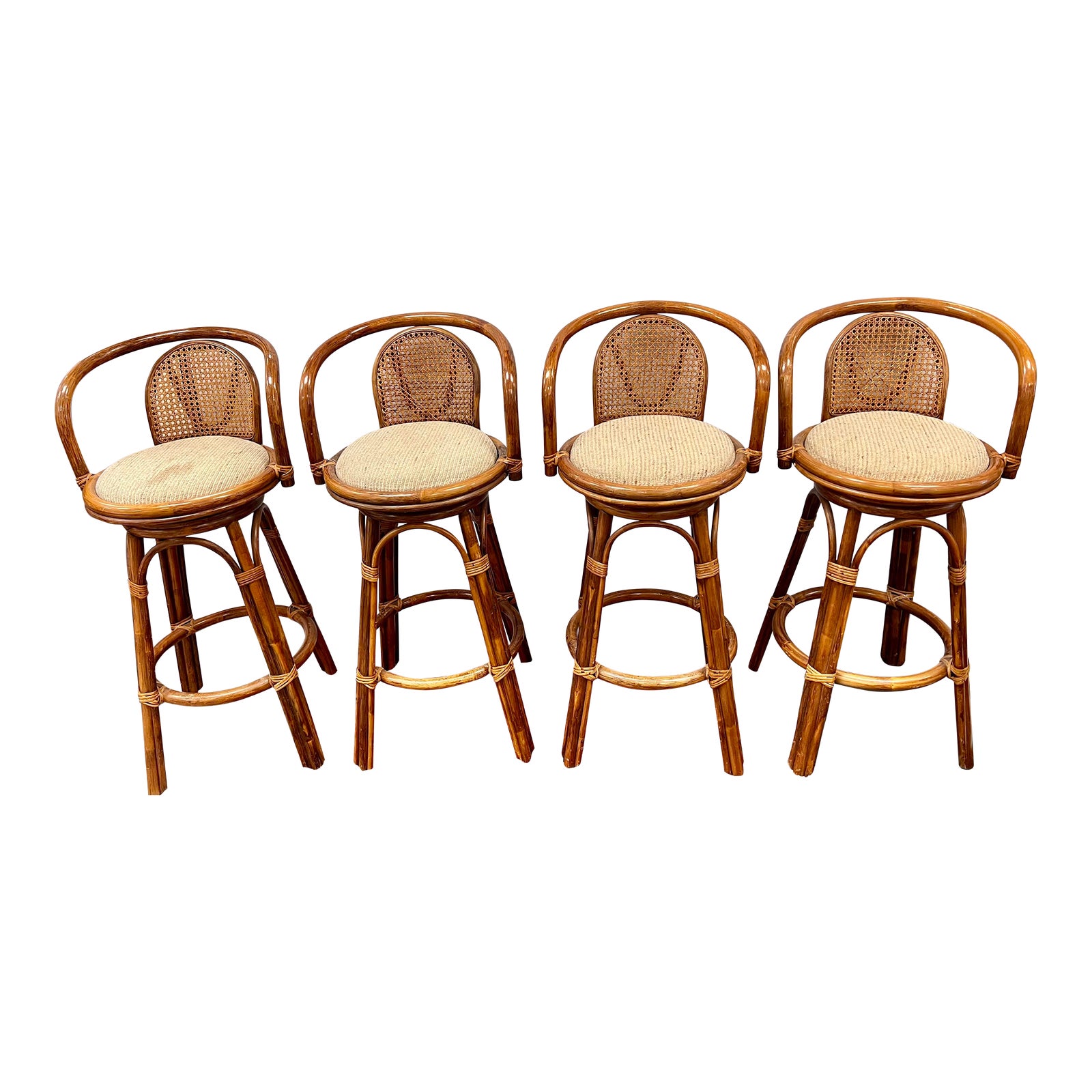S/4 Mid Century Vintage Bentwood, Rattan and Cane Swivel Bar Stools Chairish
