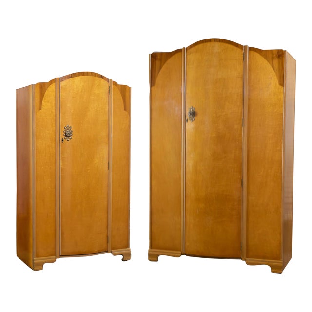 Pair of Early to Mid-20th Century Vintage English Art Deco Style Wardrobes Burled Maple & Walnut Frames For Sale