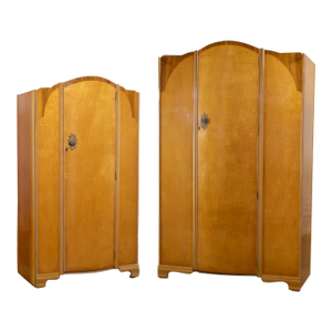 Pair of Early to Mid-20th Century Vintage English Art Deco Style Wardrobes Burled Maple & Walnut Frames