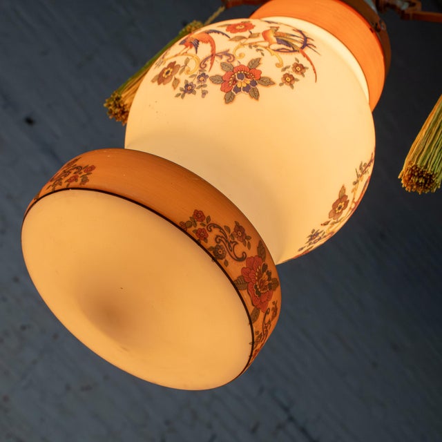 Early 20th Century Chinoiserie to Art Deco to Art Nouveau Pendant Lights Hand Painted Avian a Pair For Sale - Image 11 of 18