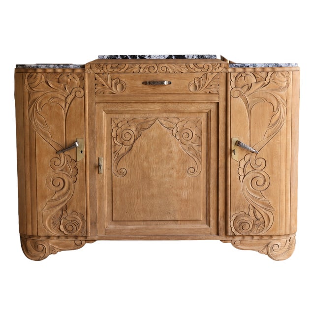 Art Deco Carved Oak Buffet with Black and White Marble, 1930s For Sale