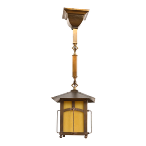 Roycroft Antique Arts & Crafts Brass and Caramel Glass Lantern Pendant Light, Circa 1920s