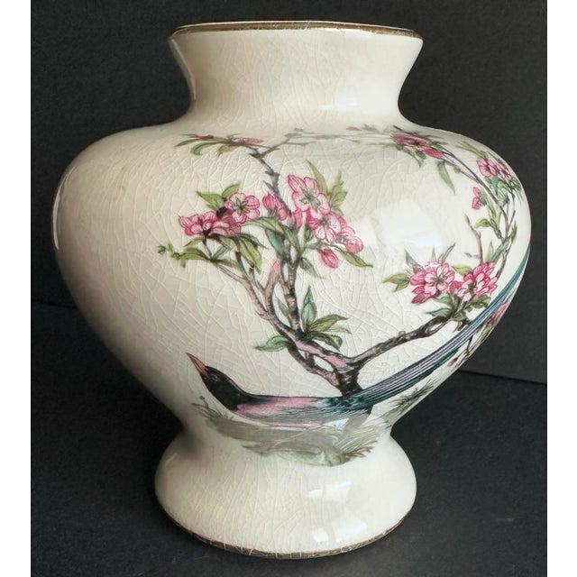 Vintage 1900s Chinoiserie Bird & Pink Flowering Bush Round Porcelain Vase For Sale In Orlando - Image 6 of 12