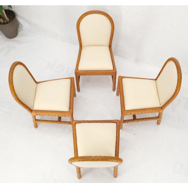 Leather Basket Weave Wicker Style Square Dining Room Table 4 Chairs Glass Top For Sale - Image 10 of 18