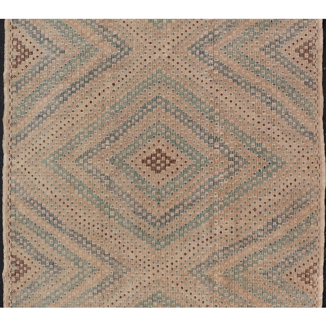 Tribal Diamond Design Vintage Turkish Embroidered Kilim in Tan, Cream, and Light Green For Sale - Image 3 of 13