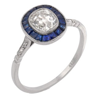 Art Deco Style Diamond Sapphire Platinum Target Engagement Ring, Size 6 For Sale