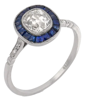 Art Deco Style Diamond Sapphire Platinum Target Engagement Ring, Size 6