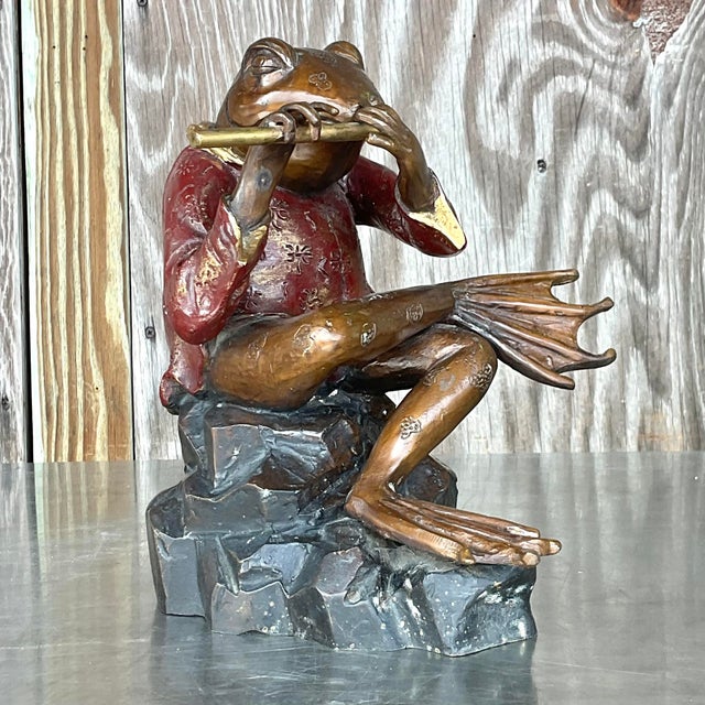 This charming vintage boho sculpture features a bronze frog sitting cross-legged. Its whimsical design and antique finish...