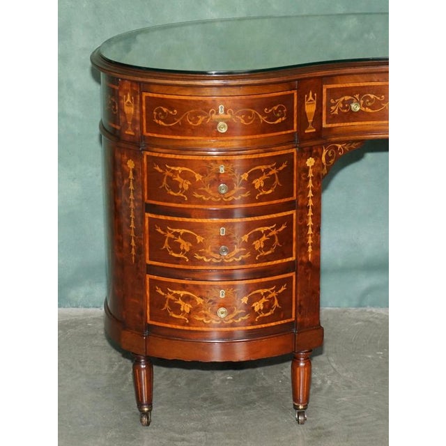 Victorian Marquetry Inlaid Hardwood Kidney Library Desk For Sale - Image 4 of 18