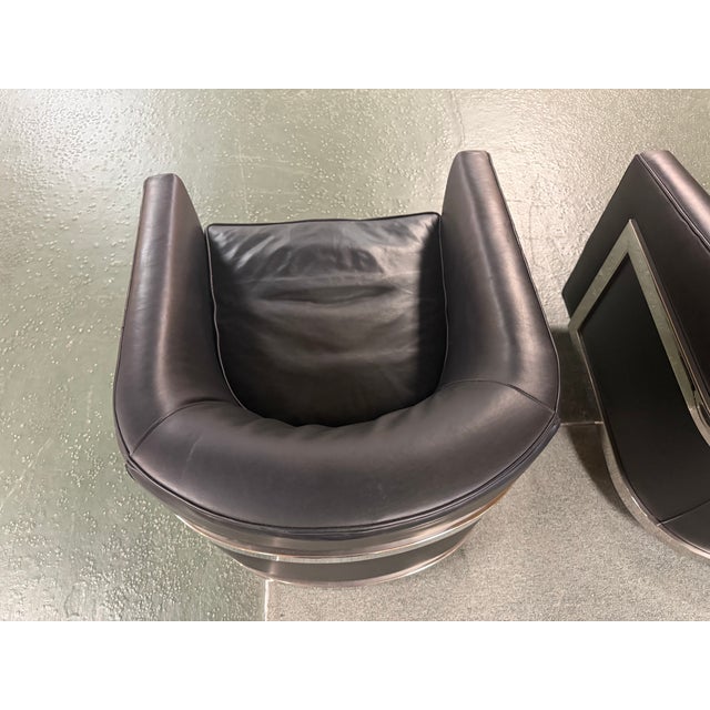 Animal Skin Restoration Hardware Collection Black Leather & Chrome Accent Swivel Chairs For Sale - Image 7 of 8