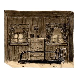 Original Pen, Ink & Watercolor "Bedroom Interior" by R. Levick C.1929 For Sale