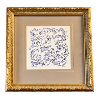 1980’s Original Vintage Wayne Cunningham Small Abstract Blue Ink Drawing Framed For Sale