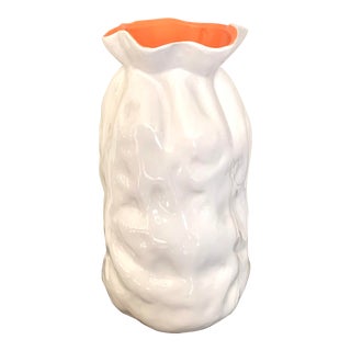 Modern Contemporary White and Orange Ceramic Vase For Sale