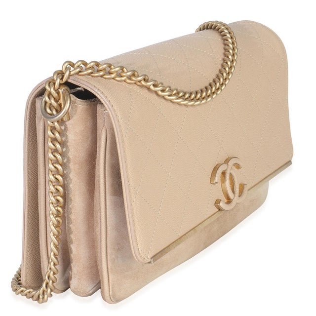 Traditional Beige Quilted Caviar Suede Lady Coco Chain Flap Bag For Sale - Image 3 of 9