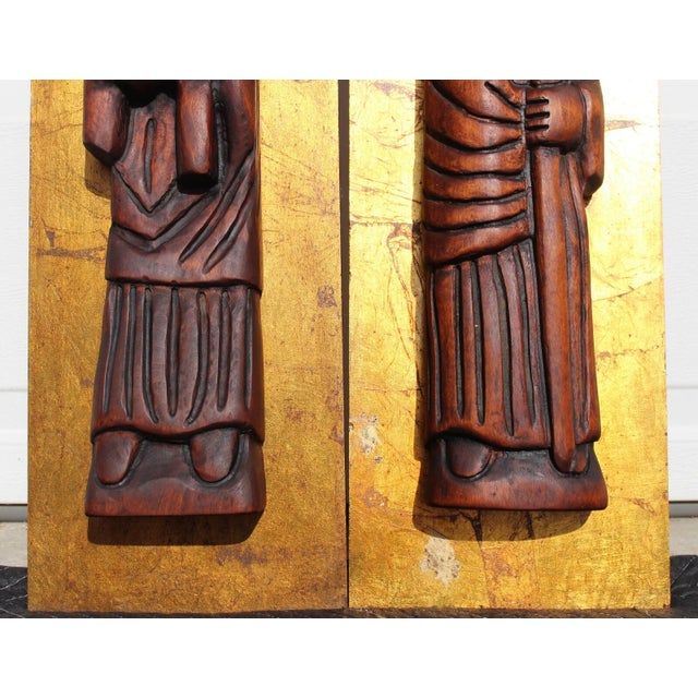 Wood 1960s Jaru California 36" Wall Art Wood Carved Figures Gold Plaques For Sale - Image 7 of 17