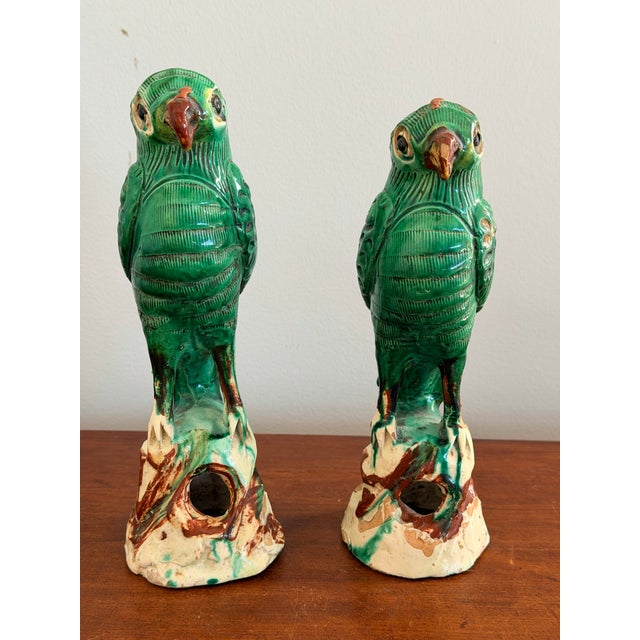 Ceramic Pair Antique Chinese Green Parrots For Sale - Image 7 of 12