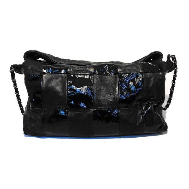 Contemporary Chanel Black Checkered Leather Shoulder Bag Shopper Tote For Sale - Image 3 of 10