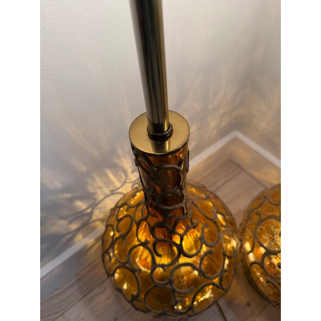 1960s Mid-Century Modern Amber Glass Genie Bottle Lamps With Brutalist Metal Overlay - Pair For Sale In Chicago - Image 6 of 8