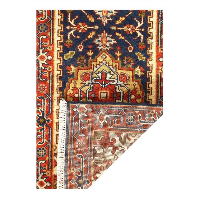 Traditional Fine Hand Knotted Navy Serapi Design Runner For Sale - Image 3 of 3
