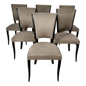 Art Deco Chairs in Black Lacquer & Grey Alcantara, France, 1930s, Set of 6