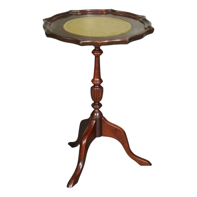 Vintage Green Leather Side Table with Tripod Feet For Sale