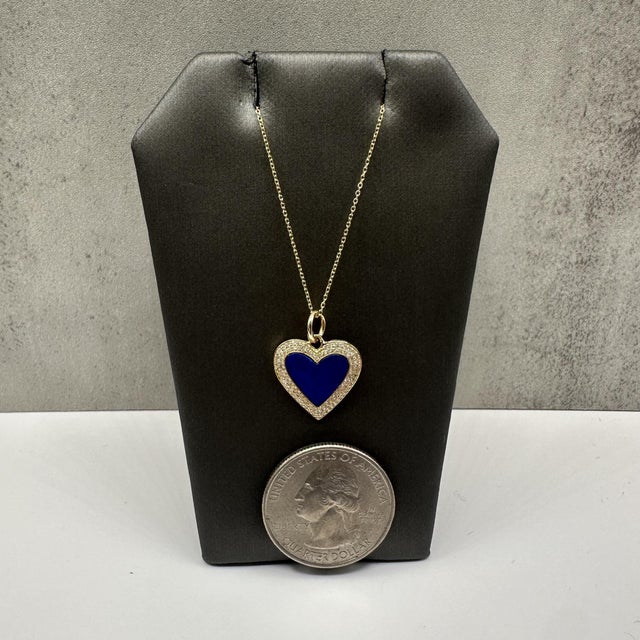 Diamond & Lapis Heart Pendant Necklace in 14kt Yellow Gold – 18in, New For Sale - Image 4 of 5