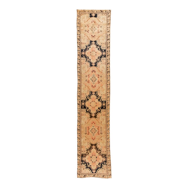Late 19th Century Long Antique Karabakh Handmade Beige Wool Runner With Medallion Design For Sale