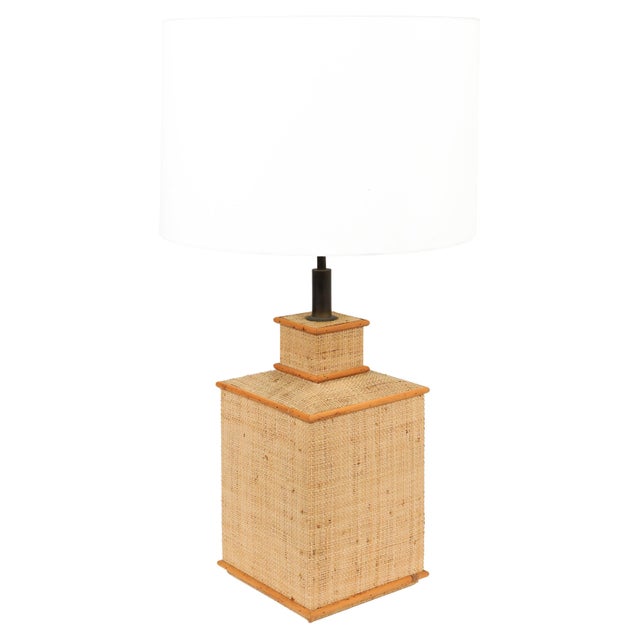 Mid-Century Rattan, Wicker and Brass Table Lamp in the style of Vivai del Sud, Italy, 1960s For Sale - Image 14 of 15